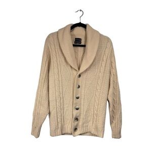 Vintage 70s JC Penney Size M Beige Cable Knit Cardigan Sweater Shawl Collar Virg